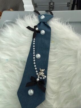 Embellished Denim Neck Tie with Pearls & Teddy Charm